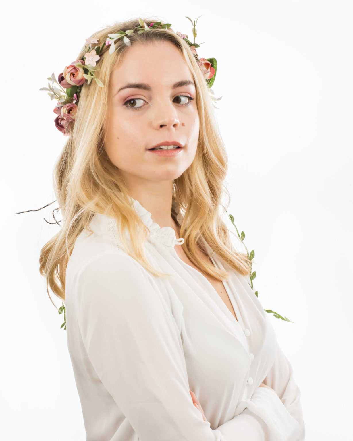 Bandeau cheveux femme rose à fleurs blanches - Lady Corner