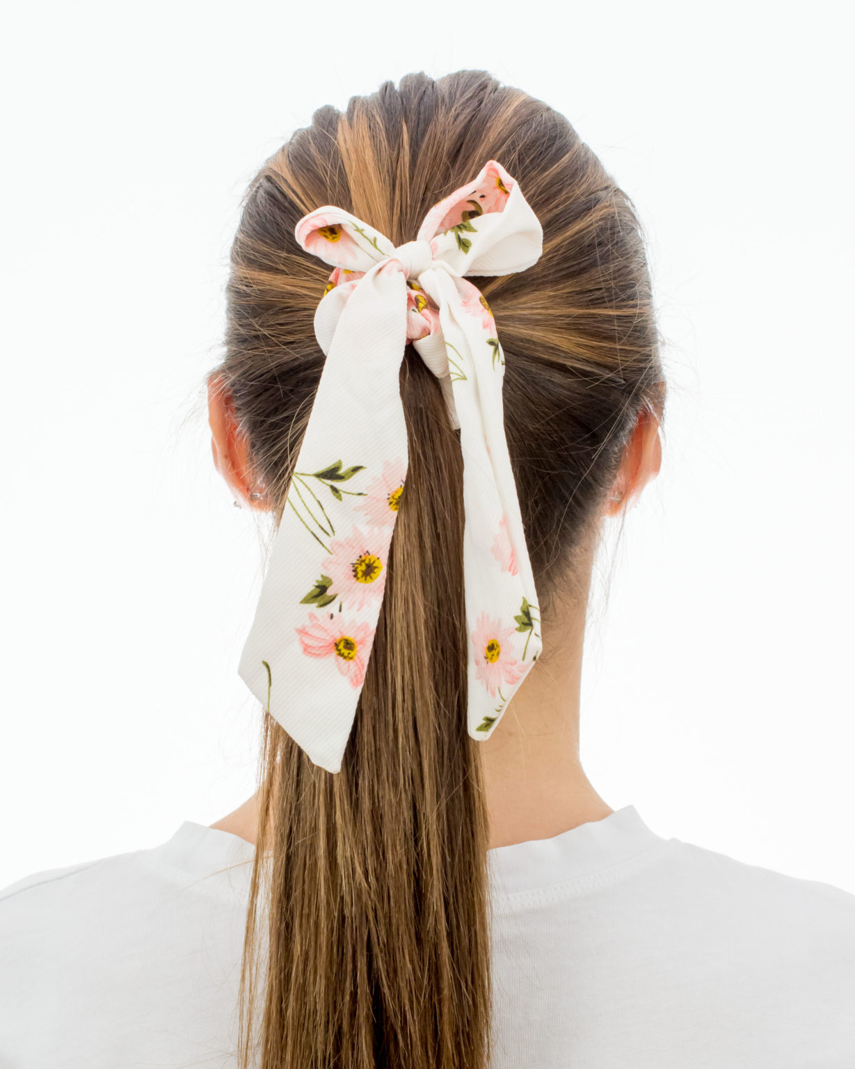 Chouchou foulard blanc à fleurs roses
