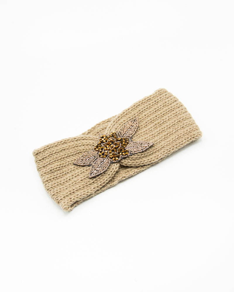 bandeau cheveux en laine beige avec fleur à strass