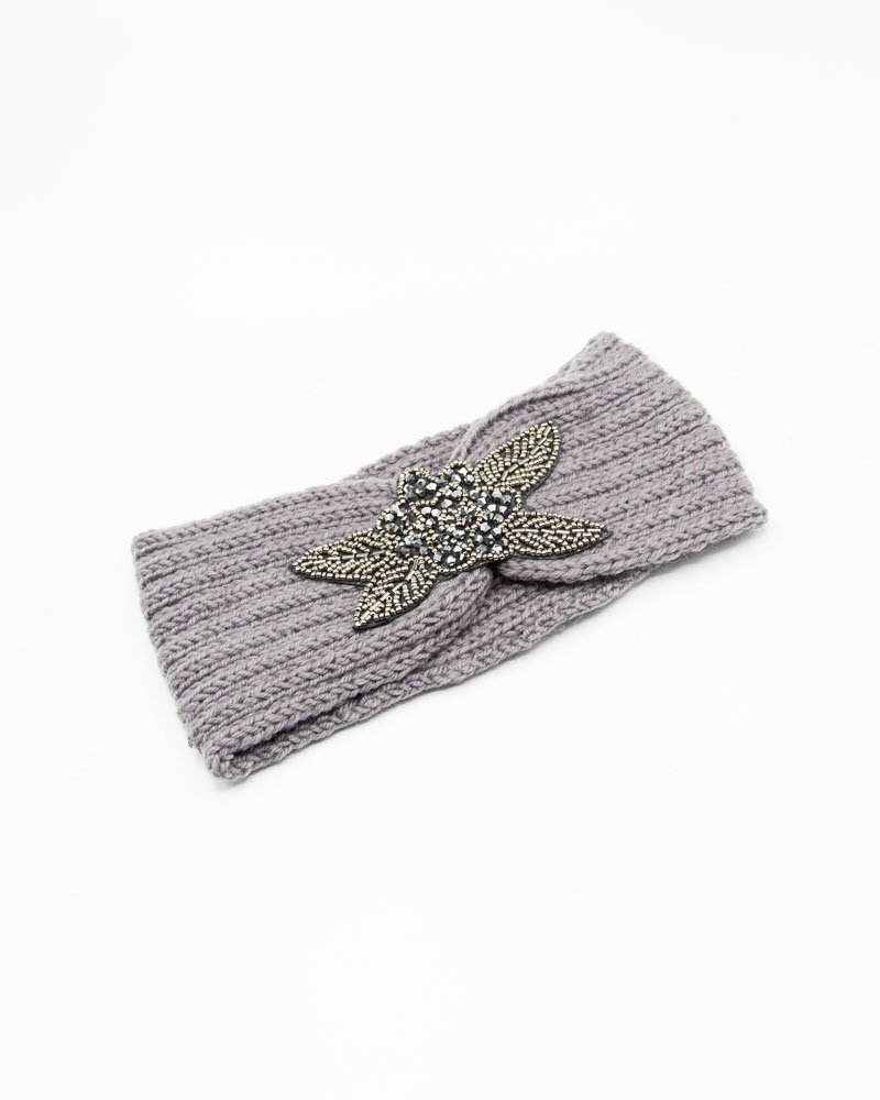 bandeau cheveux en laine grise avec fleur à strass