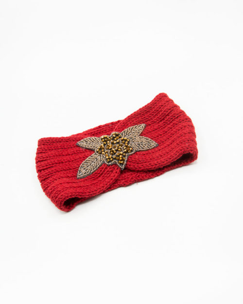 bandeau cheveux en laine rouge avec fleur à strass