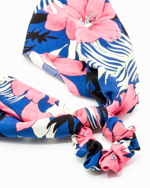 chouchou foulard tropical bleu et rose pour femme
