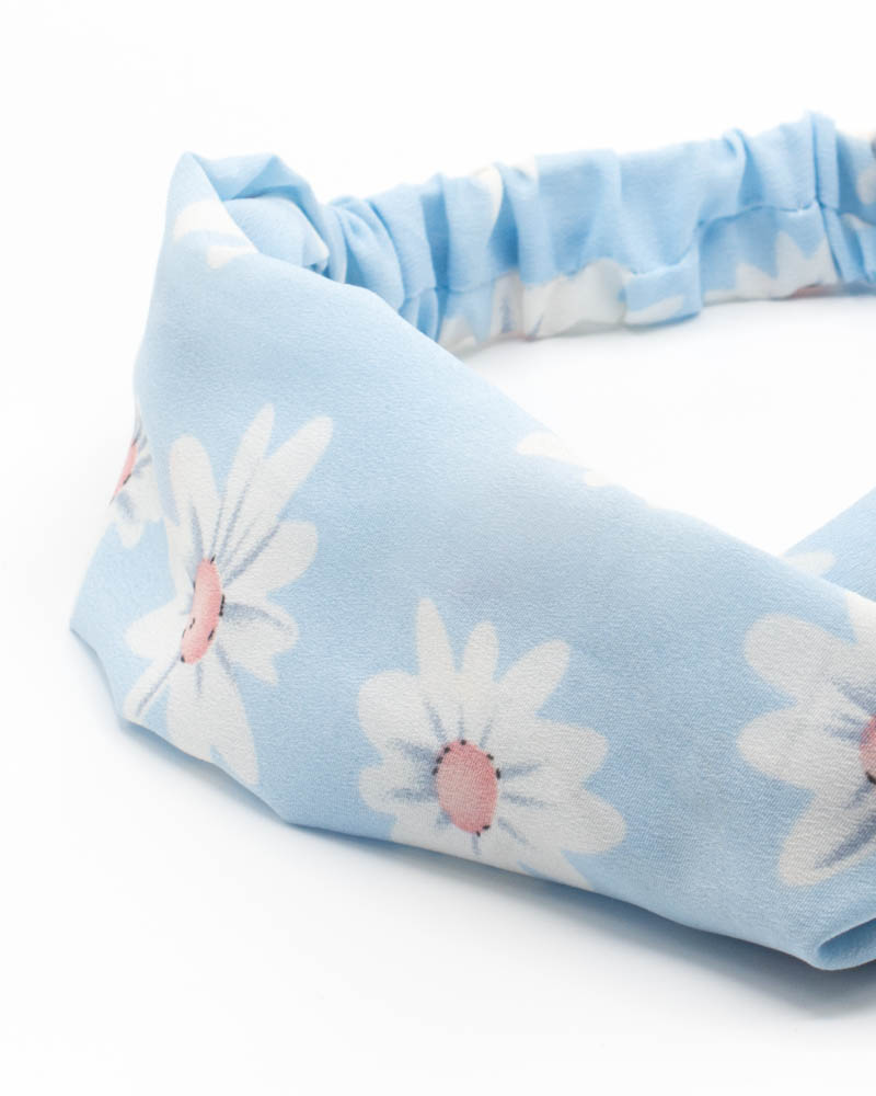bandeau cheveux pour femme bleu clair à motif floral blanc